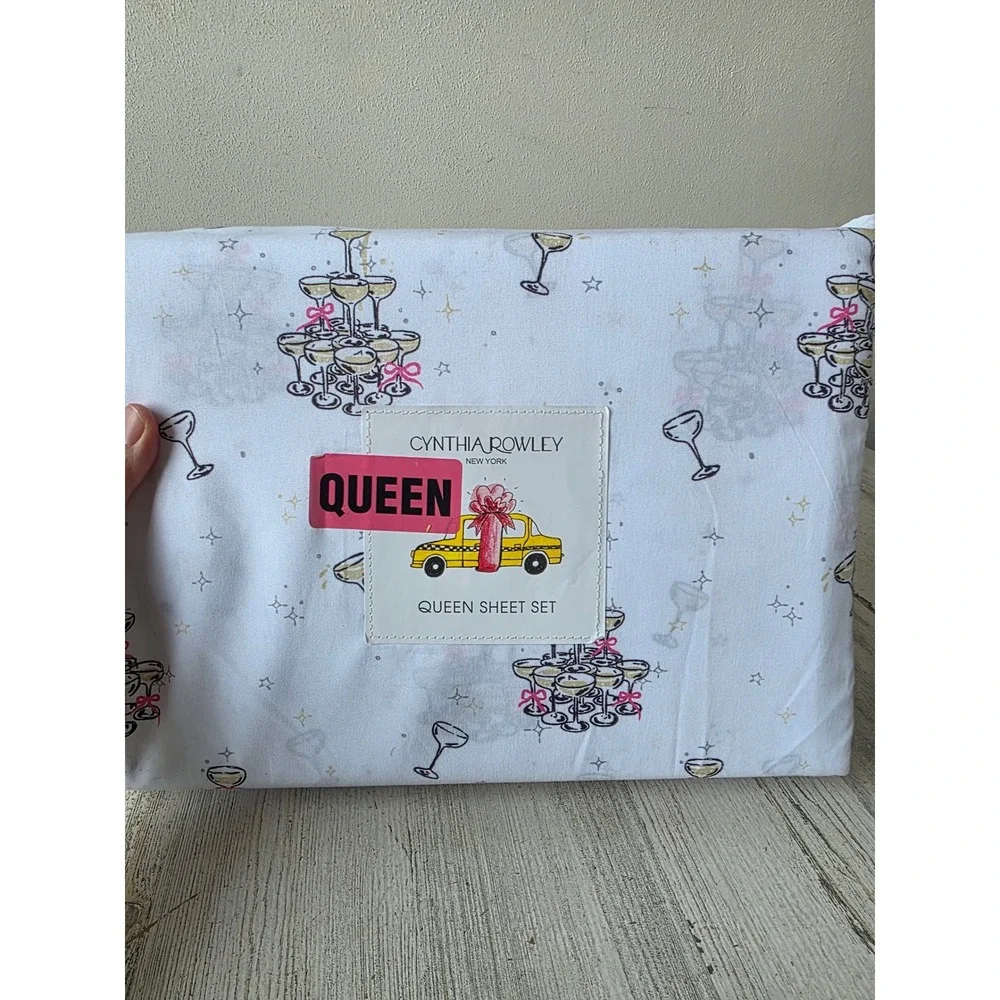 Cynthia Rowley Queen champagne party wine sheet set NEW pillowcase‎ fitted fun